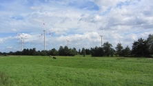 Visualisierung der vier beantragten, 150 m hohen Windkraftanlagen in Neuengamme, vom Kiebitzdeich aus gesehen.