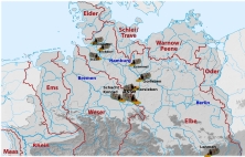 Landkarte Norddeutschland mit Flusseinzugsgebieten; Atommüllläger auf dem Gebiet der Elbe
